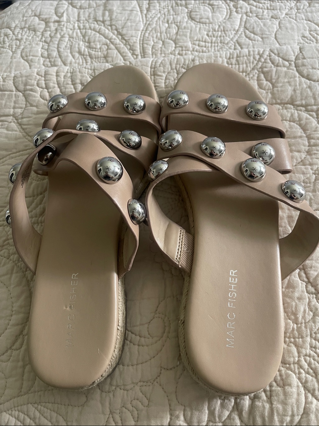 Marc Fisher Tan Silver Studded Leather Slide Sandals